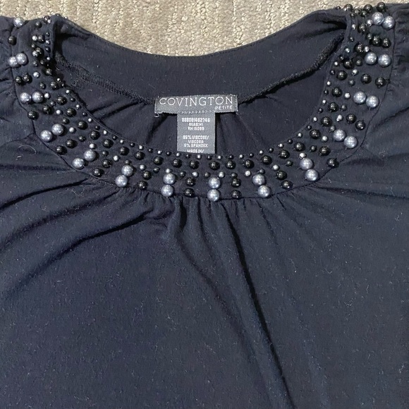 Covington Women’s PS Black Short Sleeve Dress Shirt Top Pearl Embellished Collar - Picture 6 of 9